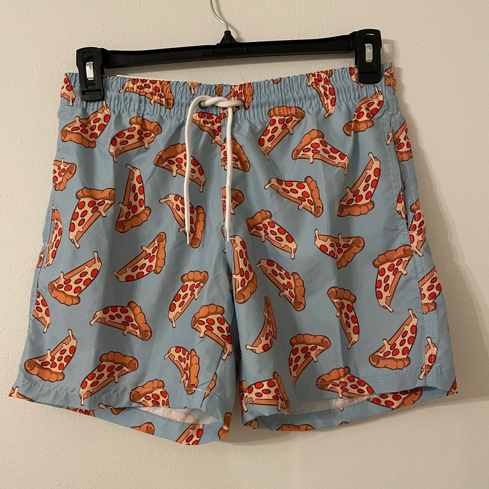 Blue and Orange Pizza Swim Trunks with Drawstring Waist Size Medium